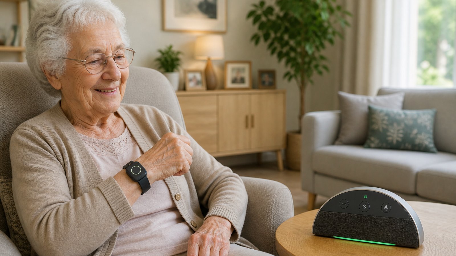 Senior souriante au téléphone, sereine chez elle — téléassistance Seniors Plus Vaucluse
